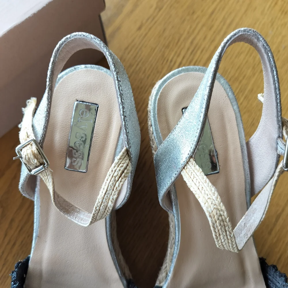 Anthropologie Elysess Textured Wedge Women's Size 7 Black Silver